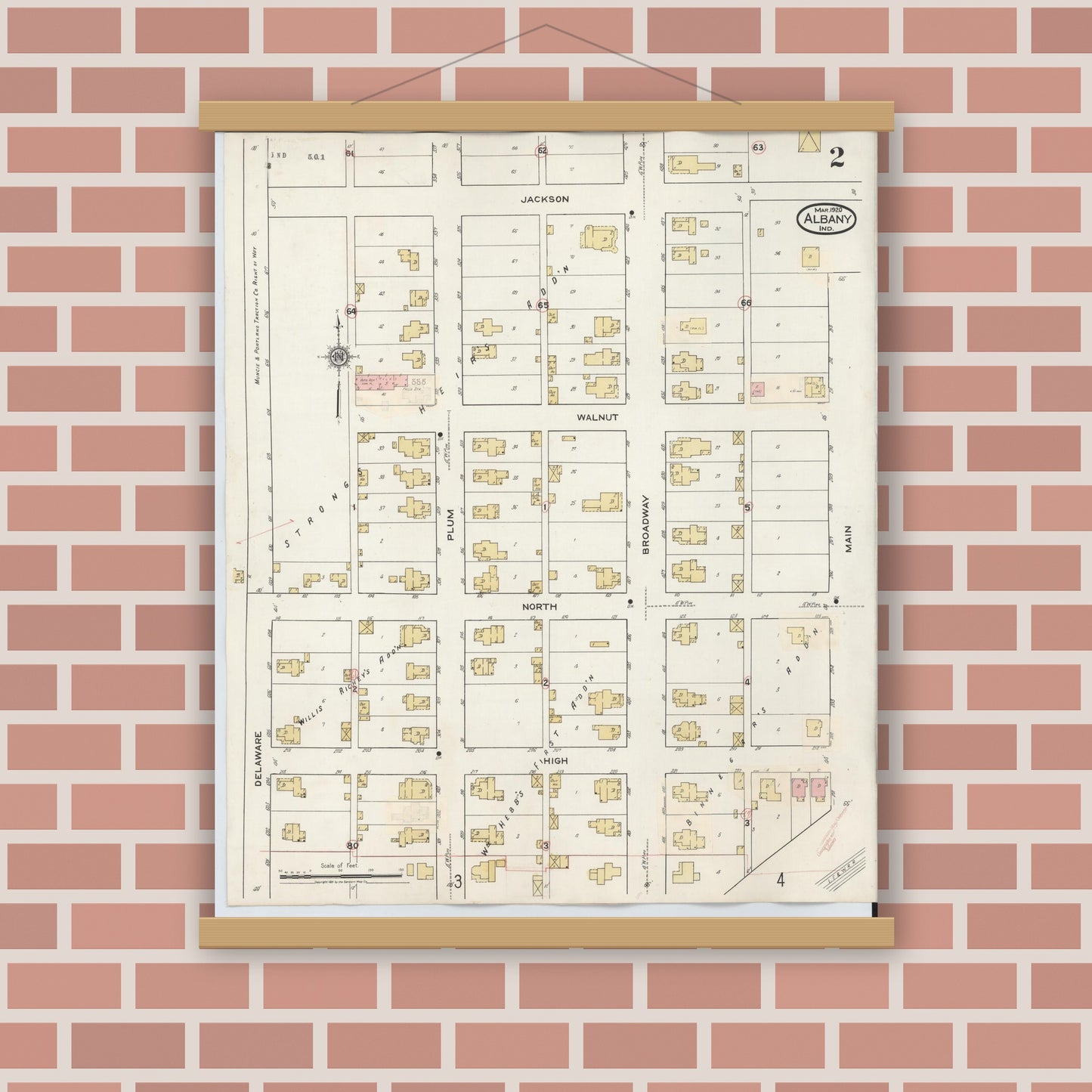 Old map wall art mockup — magnetic wood frame on brick wall — Sanborn Fire Insurance Map from Albany, Delaware County, Indiana (1943), Sheet #0002