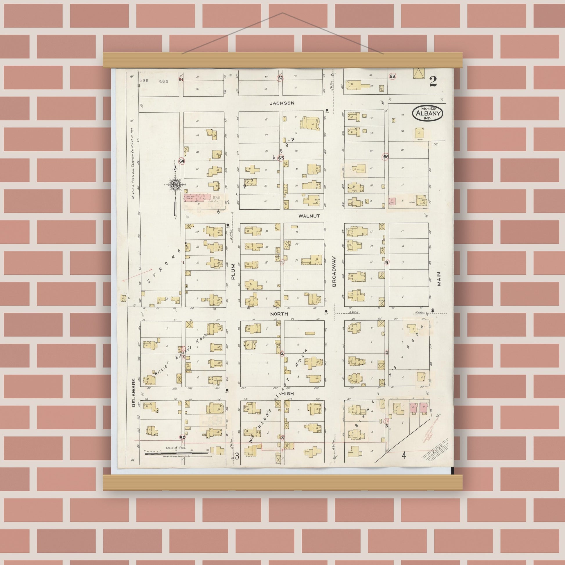 Old map wall art mockup — magnetic wood frame on brick wall — Sanborn Fire Insurance Map from Albany, Delaware County, Indiana (1943), Sheet #0002