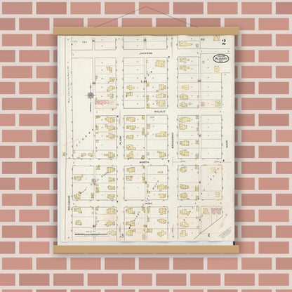 Old map wall art mockup — magnetic wood frame on brick wall — Sanborn Fire Insurance Map from Albany, Delaware County, Indiana (1943), Sheet #0002