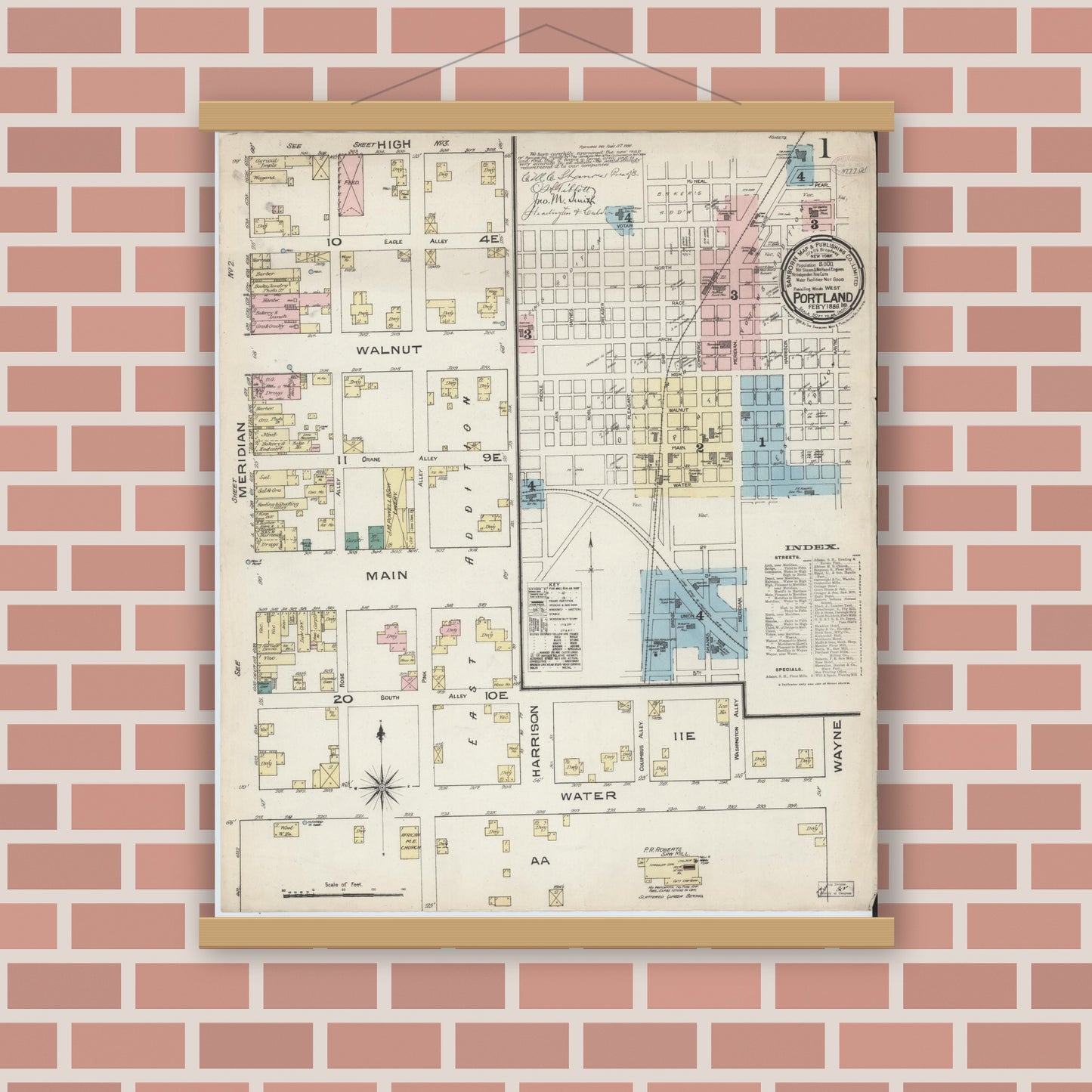 Old map wall art mockup — magnetic wood frame on brick wall — Sanborn Fire Insurance Map from Portland, Jay County, Indiana (1886) - Complete Map Set