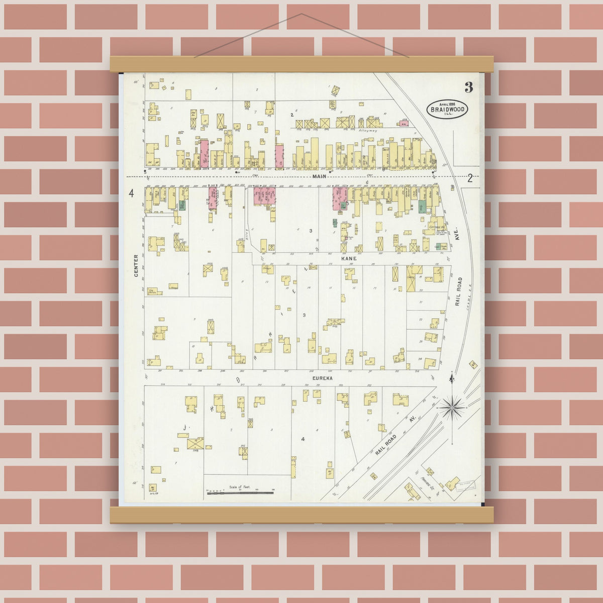 Old map wall art mockup — magnetic wood frame on brick wall — Sanborn Fire Insurance Map from Braidwood, Will County, Illinois (1898), Sheet #0003