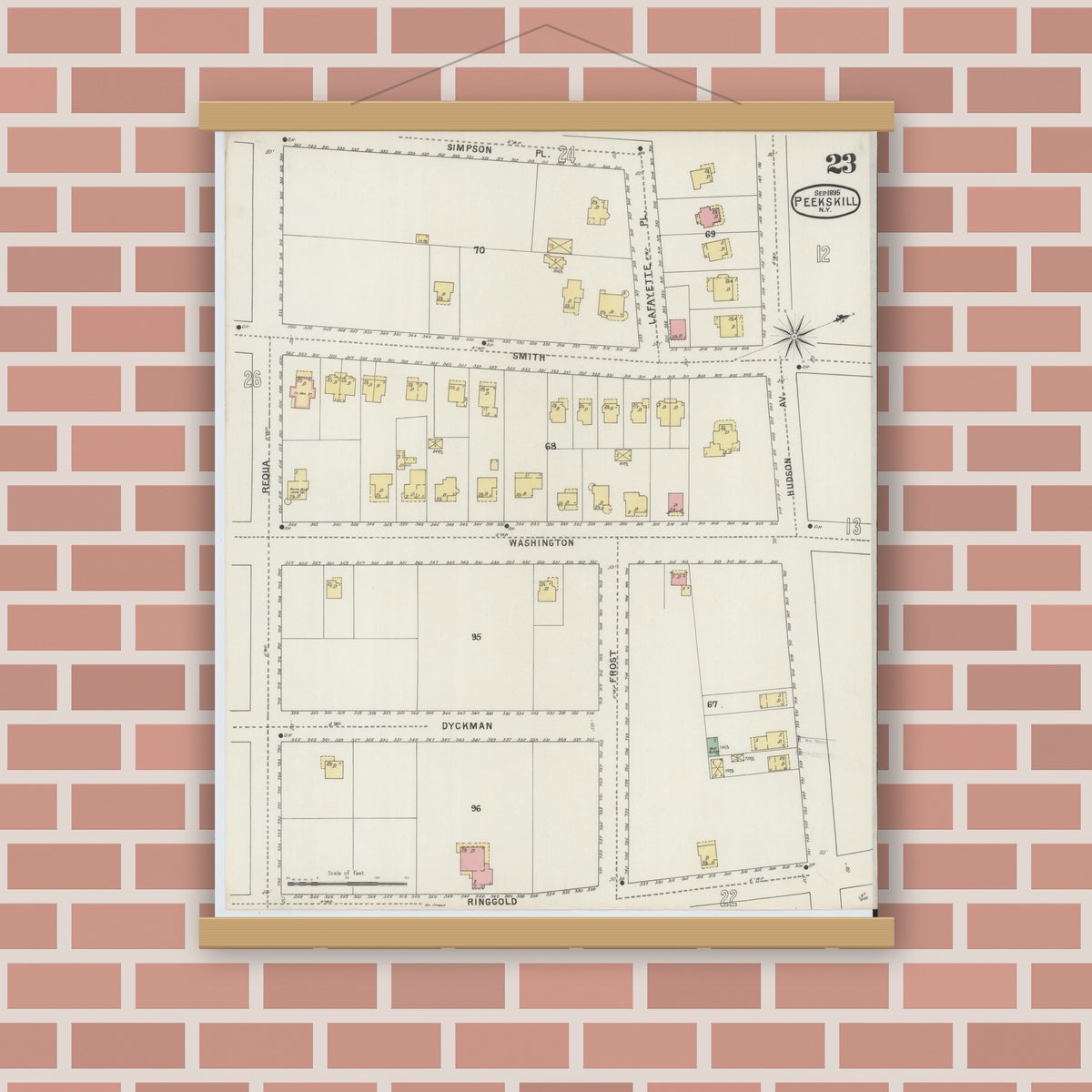 Old map wall art mockup — magnetic wood frame on brick wall — Sanborn Fire Insurance Map from Peekskill, Westchester County, New York (1895), Sheet #0023