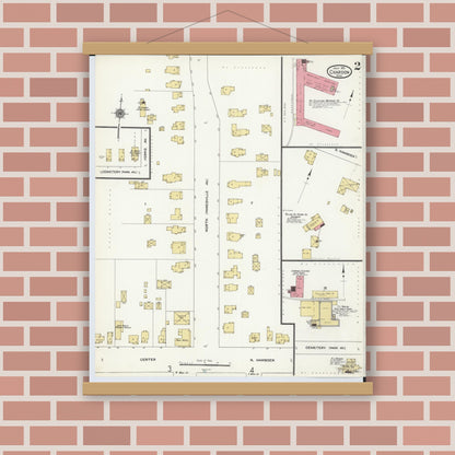 Old map wall art mockup — magnetic wood frame on brick wall — Sanborn Fire Insurance Map from Chardon, Geauga County, Ohio (1911), Sheet #0002