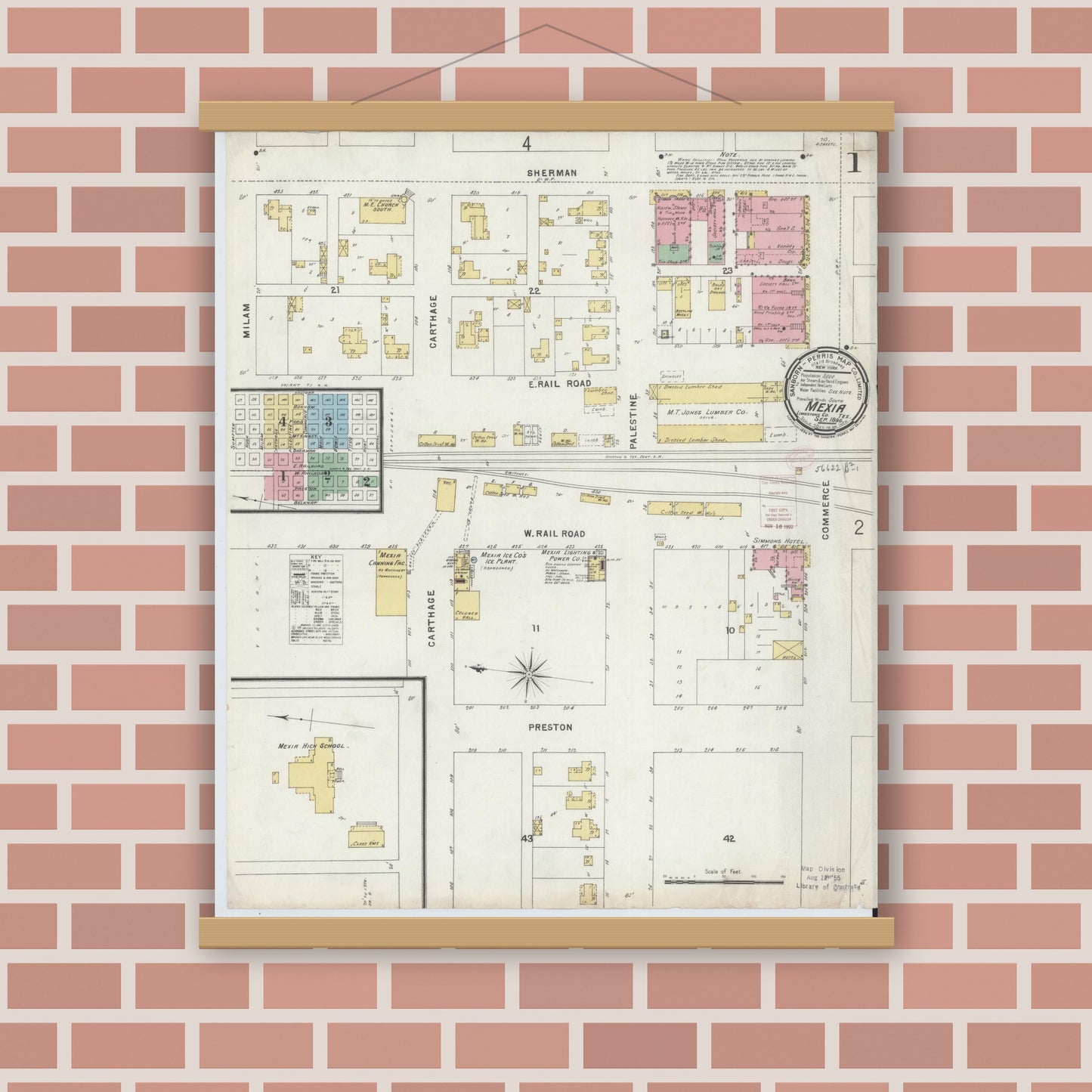 Old map wall art mockup — magnetic wood frame on brick wall — Sanborn Fire Insurance Map from Mexia, Limestone County, Texas (1896) - Complete Map Set
