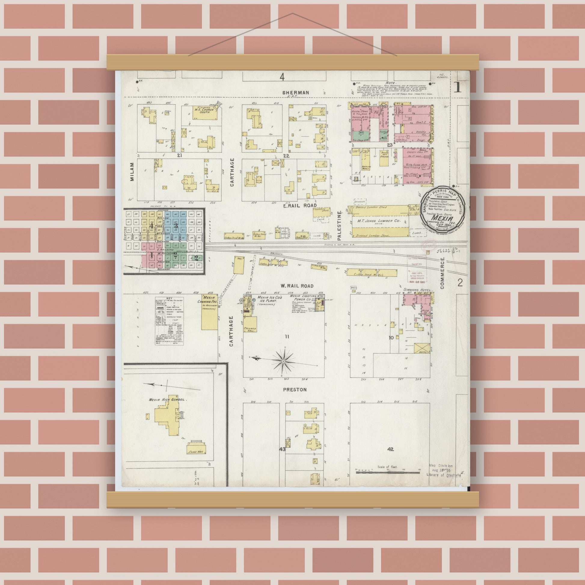 Old map wall art mockup — magnetic wood frame on brick wall — Sanborn Fire Insurance Map from Mexia, Limestone County, Texas (1896) - Complete Map Set