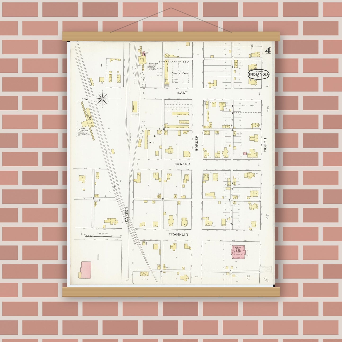 Old map wall art mockup — magnetic wood frame on brick wall — Sanborn Fire Insurance Map from Indianola, Warren County, Iowa (1893), Sheet #0004