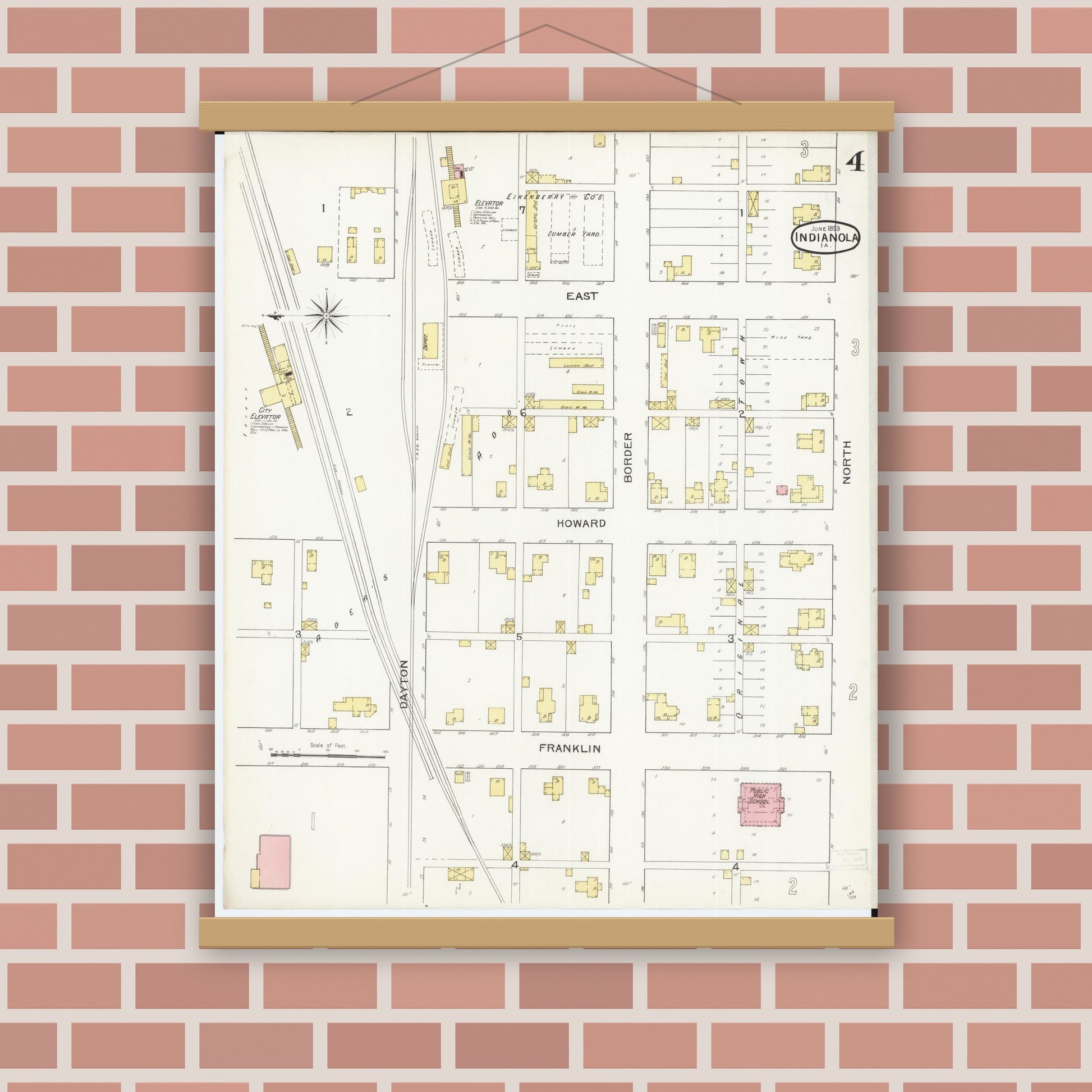 Old map wall art mockup — magnetic wood frame on brick wall — Sanborn Fire Insurance Map from Indianola, Warren County, Iowa (1893), Sheet #0004
