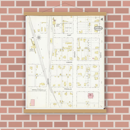 Old map wall art mockup — magnetic wood frame on brick wall — Sanborn Fire Insurance Map from Indianola, Warren County, Iowa (1893), Sheet #0004