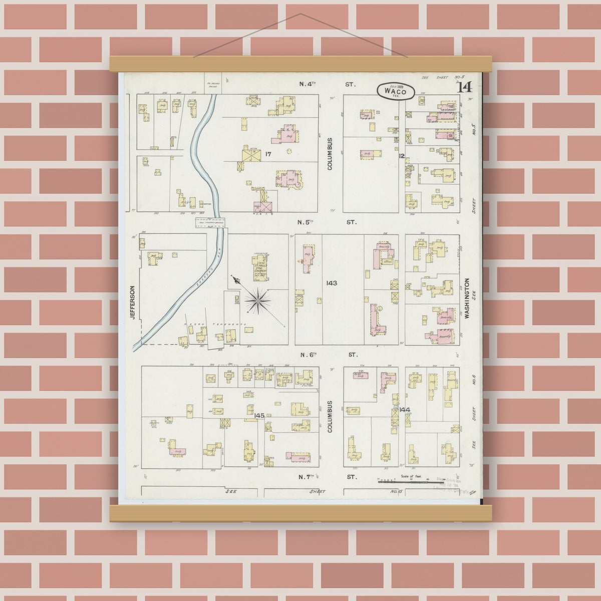Old map wall art mockup — magnetic wood frame on brick wall — Sanborn Fire Insurance Map from Waco, McLennan County, Texas (1889), Sheet #0014