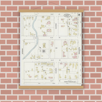 Old map wall art mockup — magnetic wood frame on brick wall — Sanborn Fire Insurance Map from Waco, McLennan County, Texas (1889), Sheet #0014