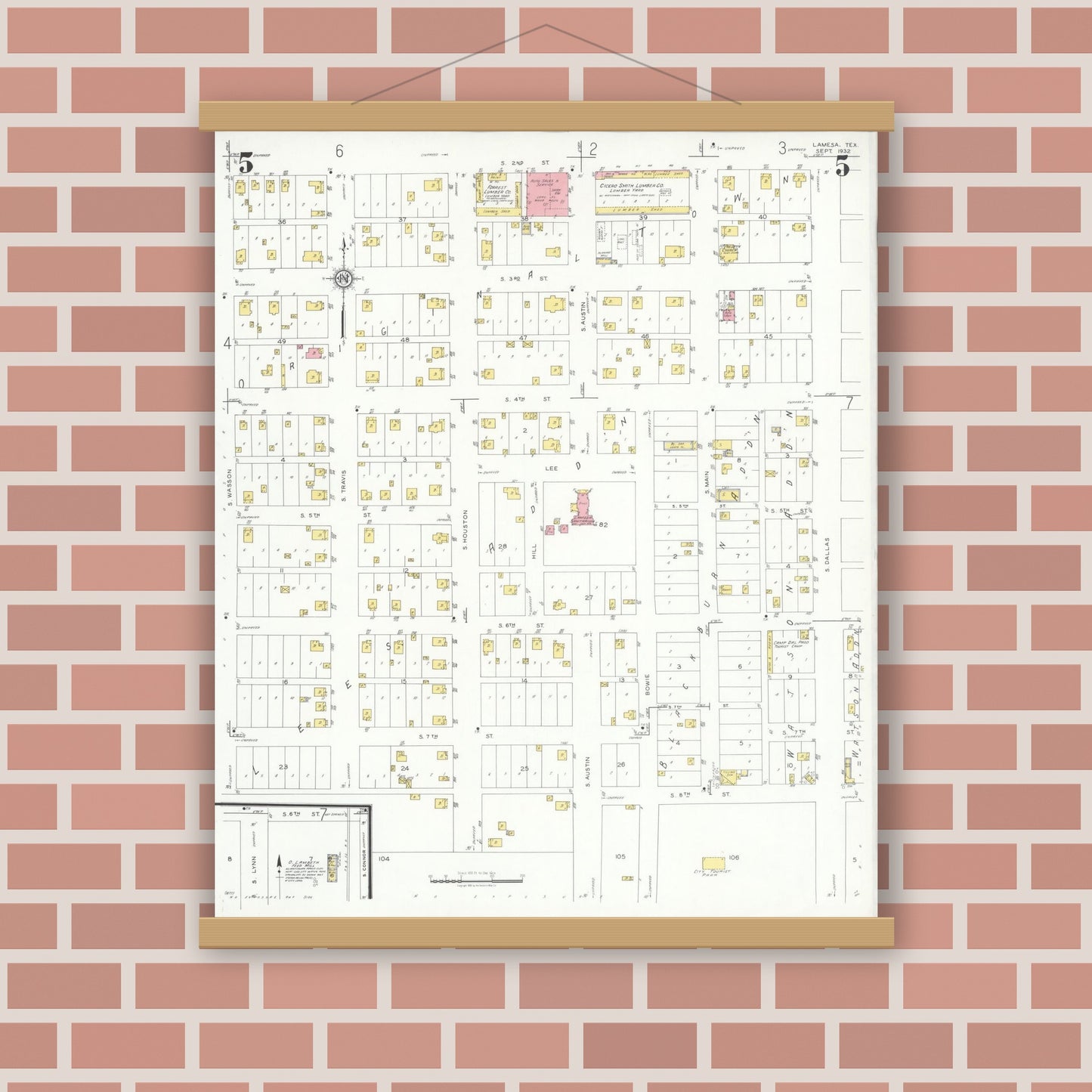 Old map wall art mockup — magnetic wood frame on brick wall — Sanborn Fire Insurance Map from Lamesa, Dawson County, Texas (1932), Sheet #0005