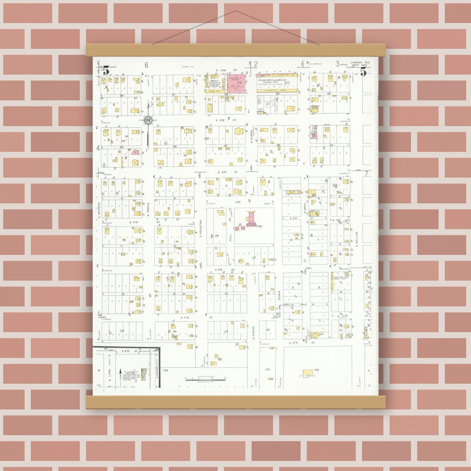 Old map wall art mockup — magnetic wood frame on brick wall — Sanborn Fire Insurance Map from Lamesa, Dawson County, Texas (1932), Sheet #0005