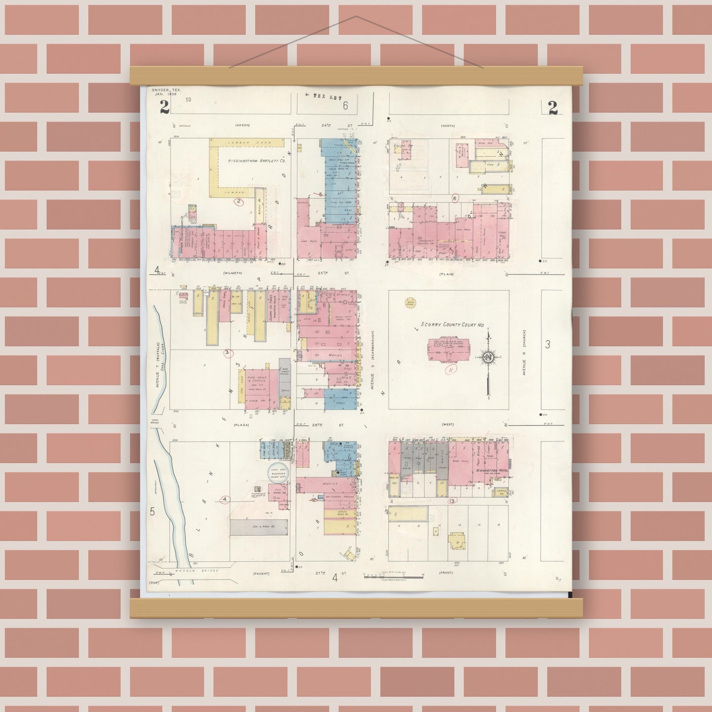 Old map wall art mockup — magnetic wood frame on brick wall — Sanborn Fire Insurance Map from Snyder, Scurry County, Texas (1942), Sheet #0002