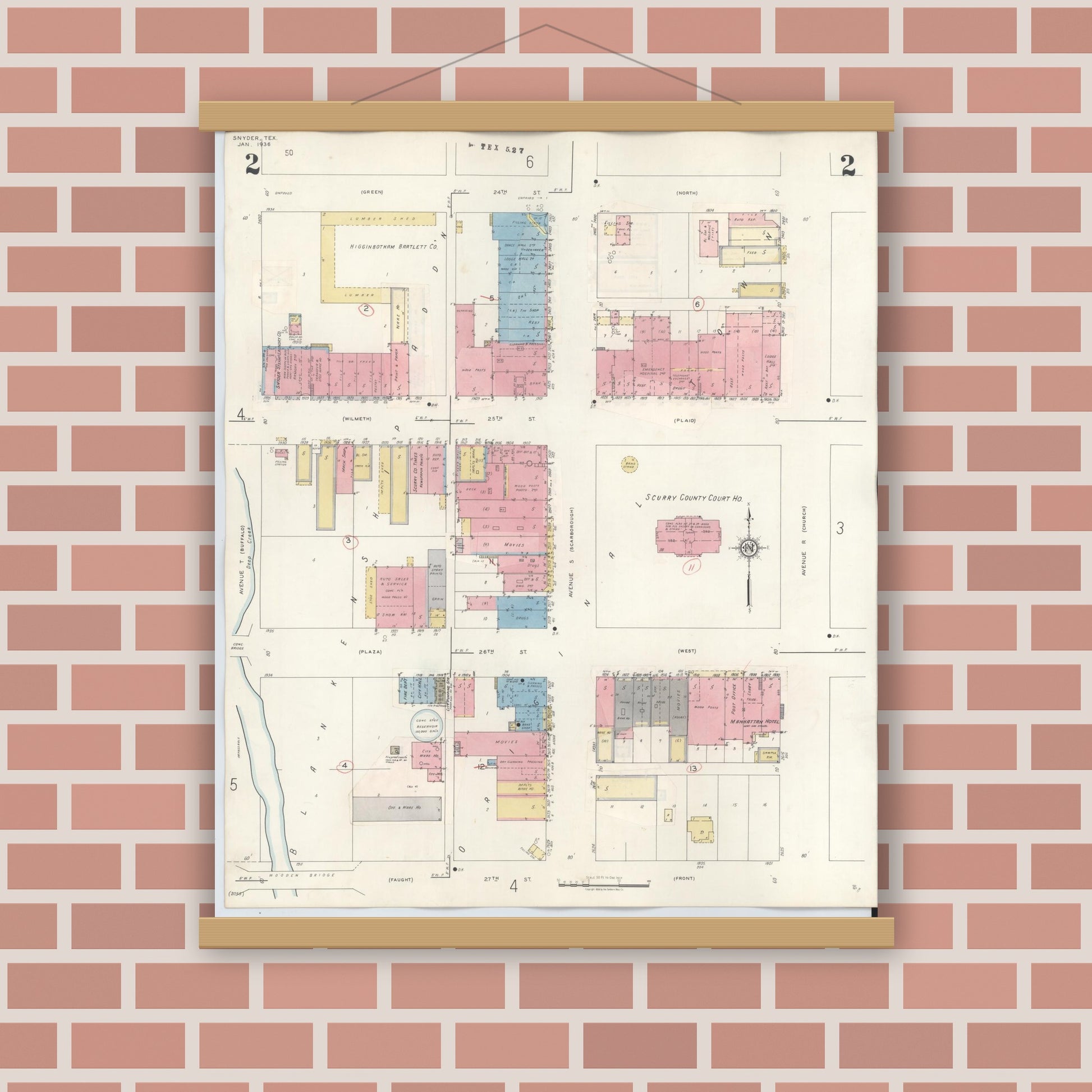 Old map wall art mockup — magnetic wood frame on brick wall — Sanborn Fire Insurance Map from Snyder, Scurry County, Texas (1942), Sheet #0002