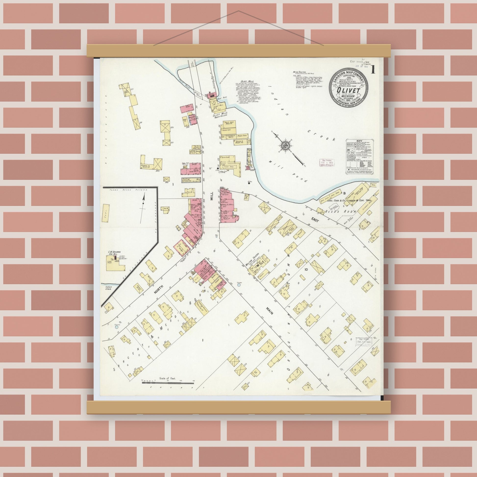 Old map wall art mockup — magnetic wood frame on brick wall — Sanborn Fire Insurance Map from Olivet, Eaton County, Michigan (1911) - Complete Map Set