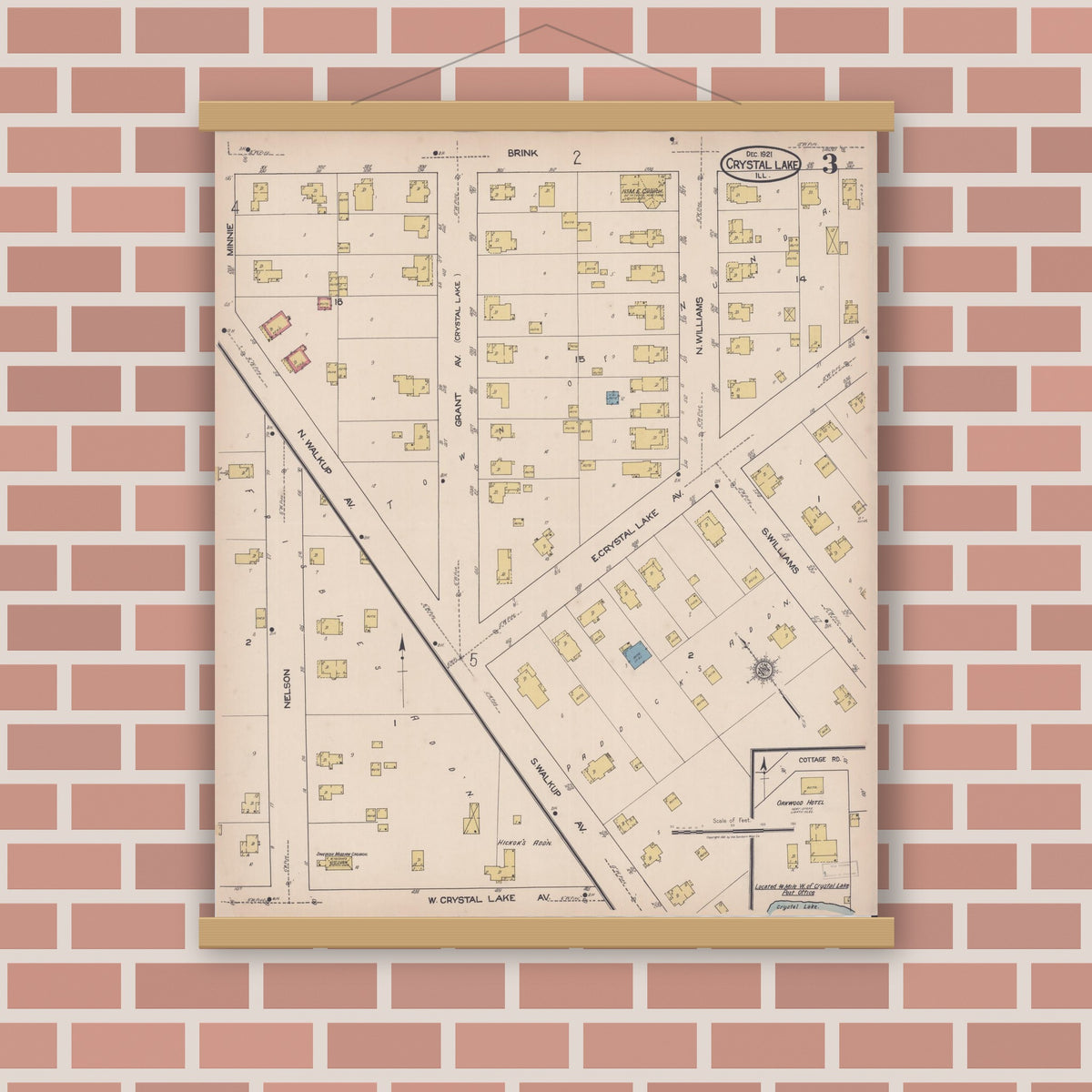Old map wall art mockup — magnetic wood frame on brick wall — Sanborn Fire Insurance Map from Crystal Lake, McHenry County, Illinois (1921), Sheet #0003
