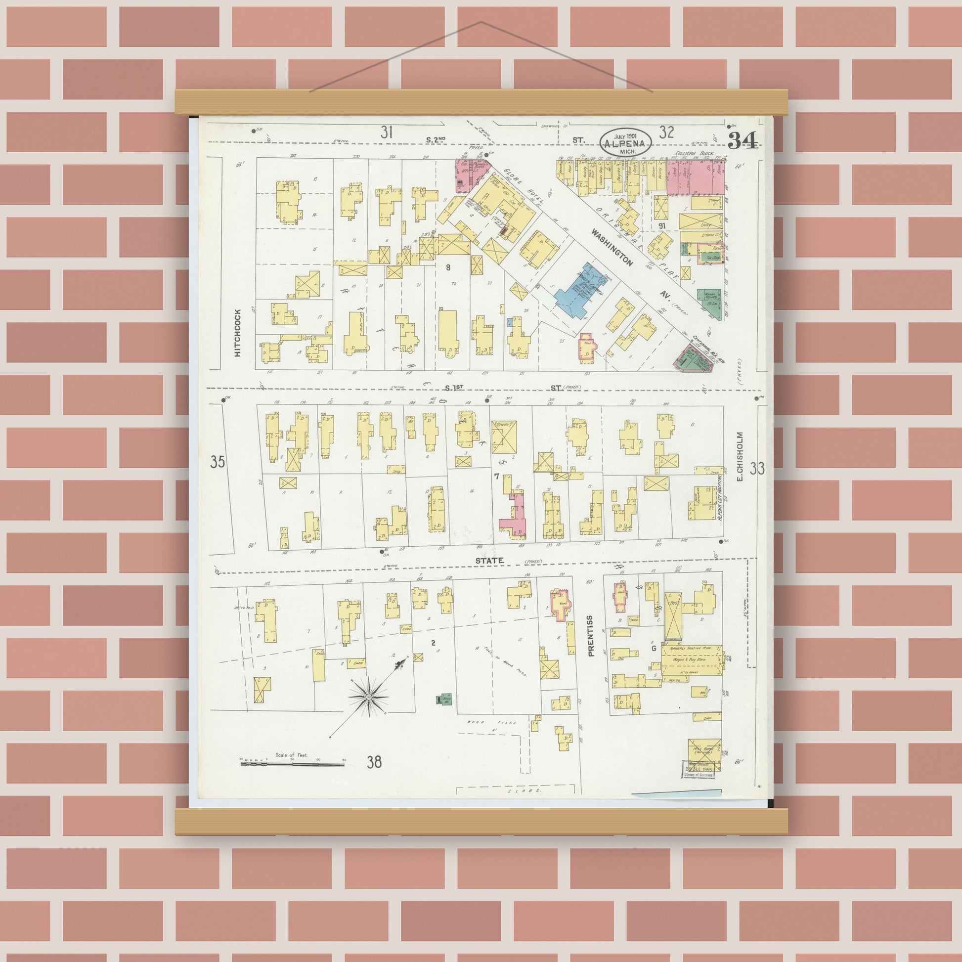 Old map wall art mockup — magnetic wood frame on brick wall — Sanborn Fire Insurance Map from Alpena, Alpena County, Michigan (1901), Sheet #0034