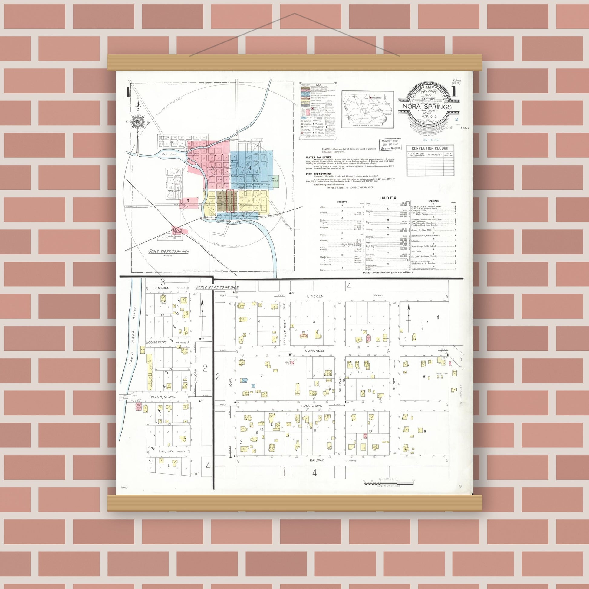 Old map wall art mockup — magnetic wood frame on brick wall — Sanborn Fire Insurance Map from Nora Springs, Floyd County, Iowa (1942) â€” Complete Set