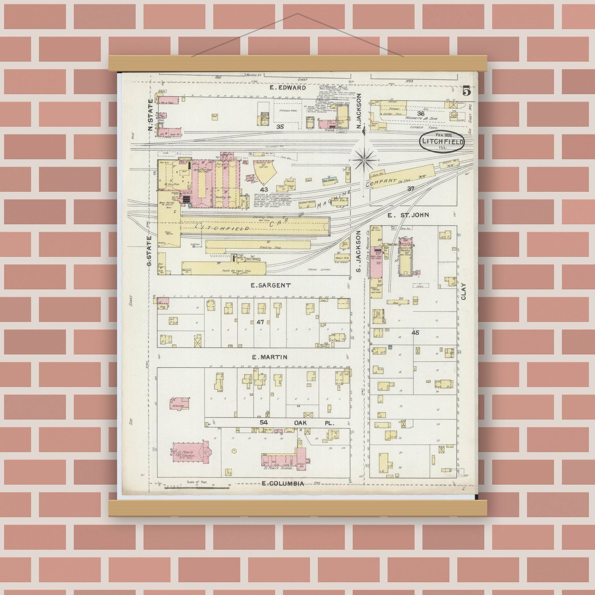 Old map wall art mockup — magnetic wood frame on brick wall — Sanborn Fire Insurance Map from Litchfield, Montgomery County, Illinois (1892), Sheet #0005