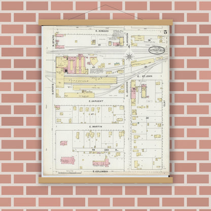 Old map wall art mockup — magnetic wood frame on brick wall — Sanborn Fire Insurance Map from Litchfield, Montgomery County, Illinois (1892), Sheet #0005