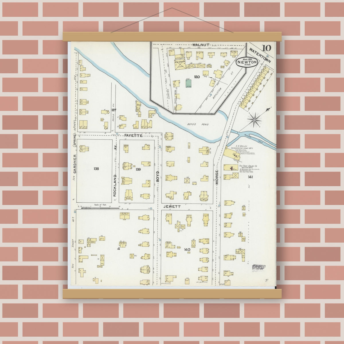Old map wall art mockup — magnetic wood frame on brick wall — Sanborn Fire Insurance Map from Newton, Middlesex County, Massachusetts (1892), Sheet #0010