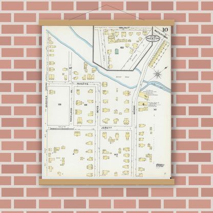 Old map wall art mockup — magnetic wood frame on brick wall — Sanborn Fire Insurance Map from Newton, Middlesex County, Massachusetts (1892), Sheet #0010