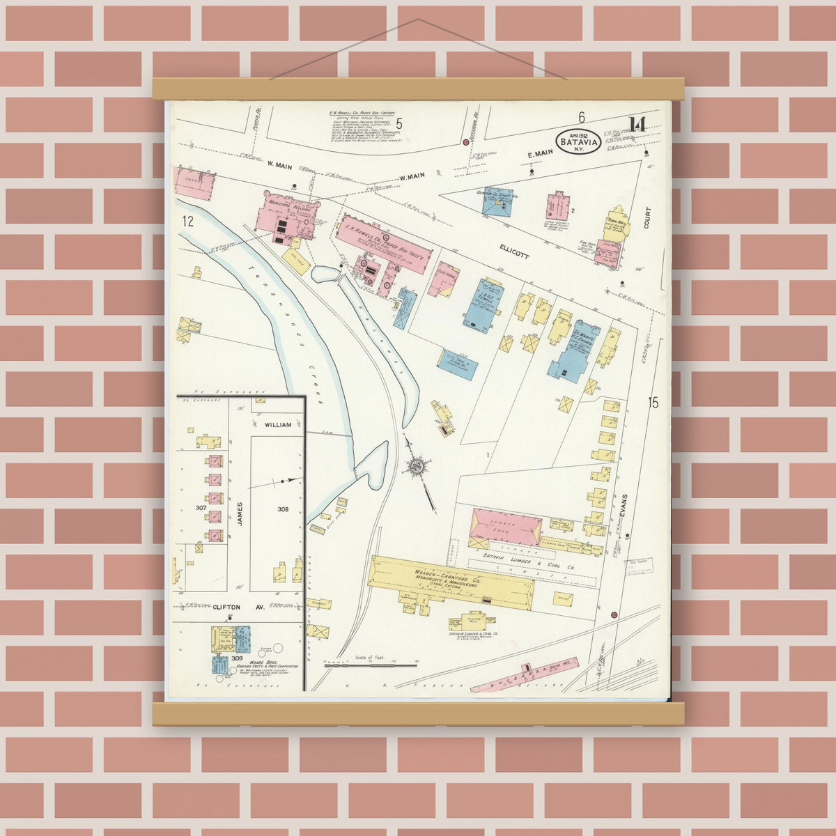 Old map wall art mockup — magnetic wood frame on brick wall — Sanborn Fire Insurance Map from Batavia, Genesee County, New York (1912), Sheet #0014