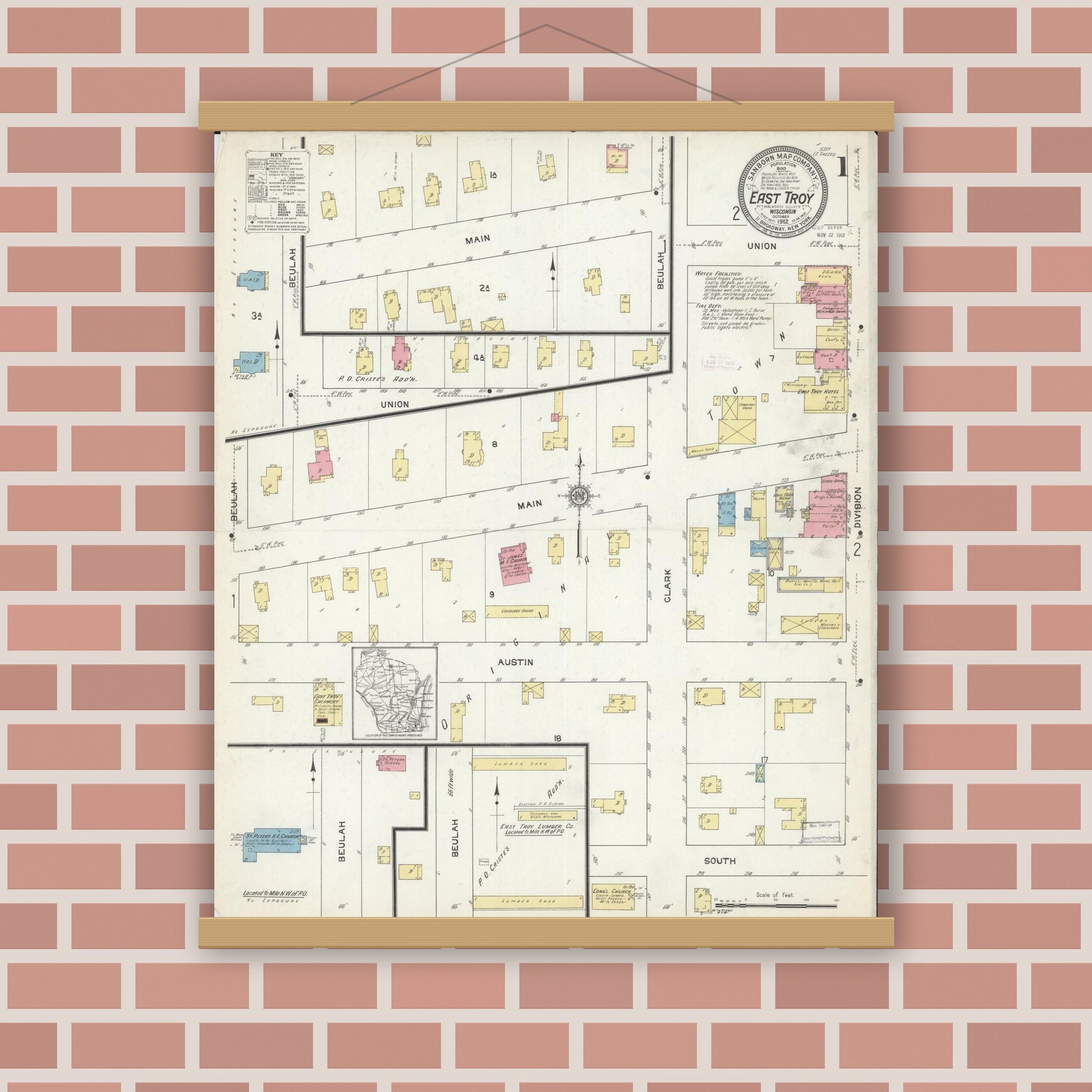 Old map wall art mockup — magnetic wood frame on brick wall — Sanborn Fire Insurance Map from East Troy, Walworth County, Wisconsin (1912) - Complete Map Set