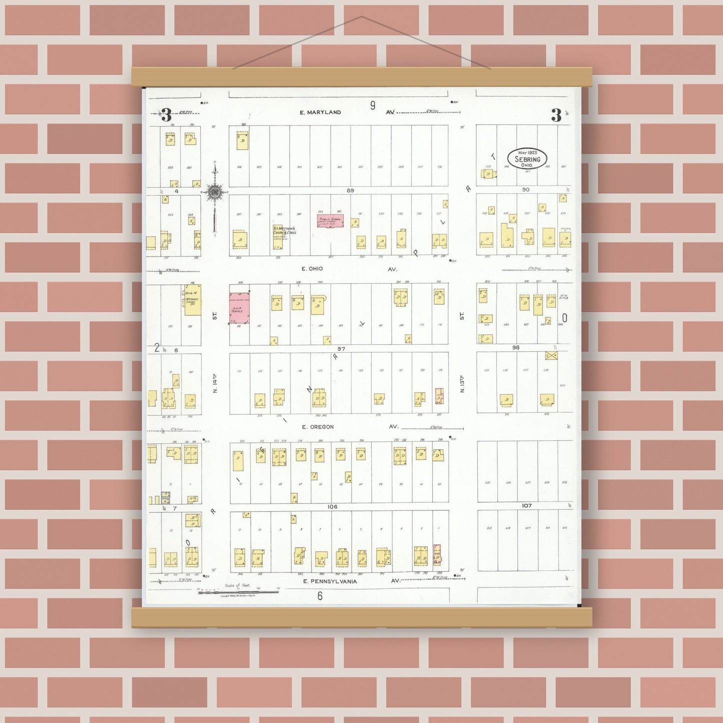 Old map wall art mockup — magnetic wood frame on brick wall — Sanborn Fire Insurance Map from Sebring, Mahoning County, Ohio (1923), Sheet #0003