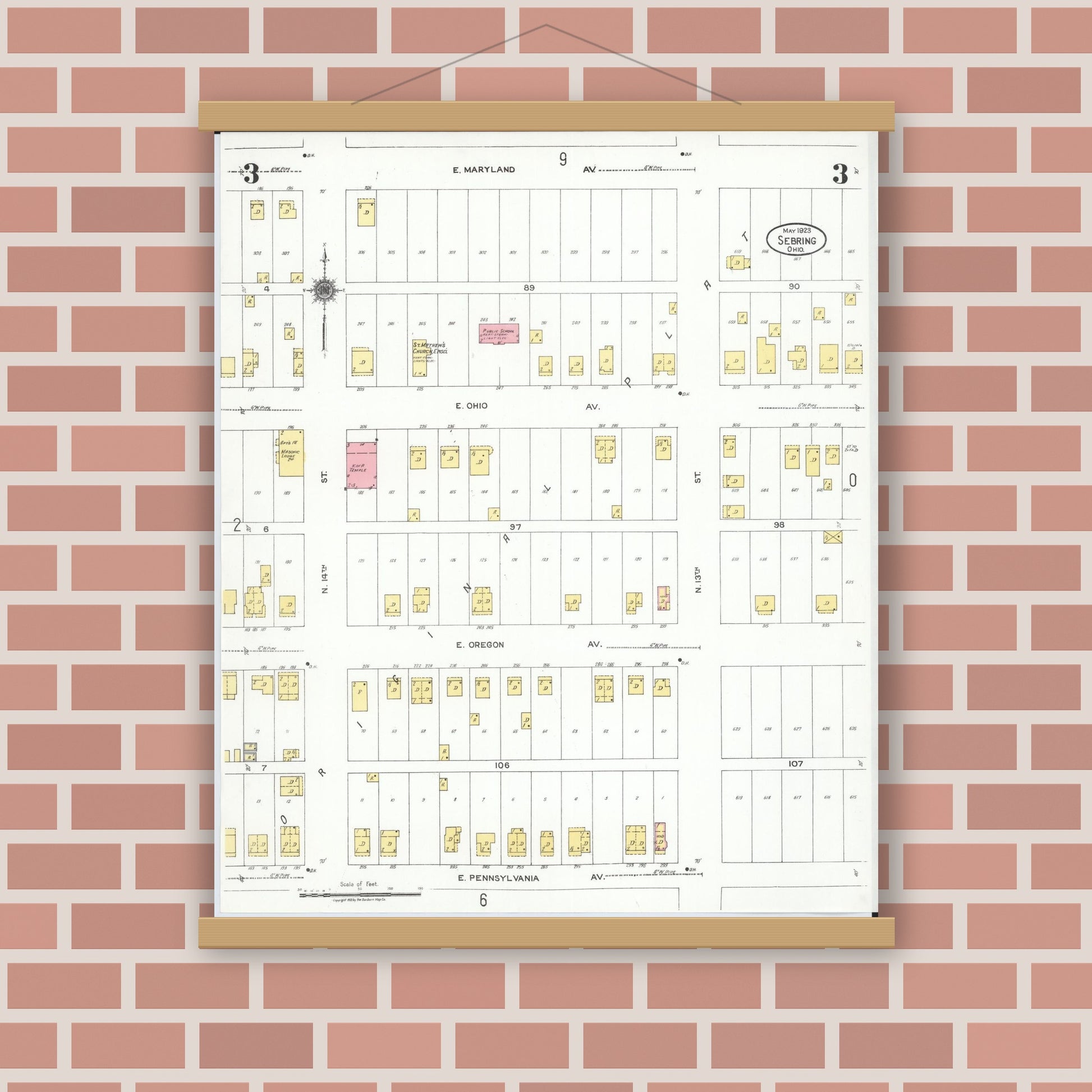 Old map wall art mockup — magnetic wood frame on brick wall — Sanborn Fire Insurance Map from Sebring, Mahoning County, Ohio (1923), Sheet #0003