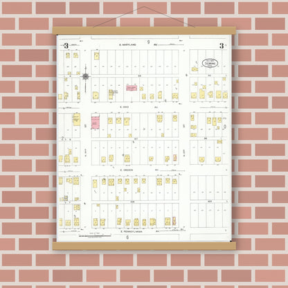 Old map wall art mockup — magnetic wood frame on brick wall — Sanborn Fire Insurance Map from Sebring, Mahoning County, Ohio (1923), Sheet #0003