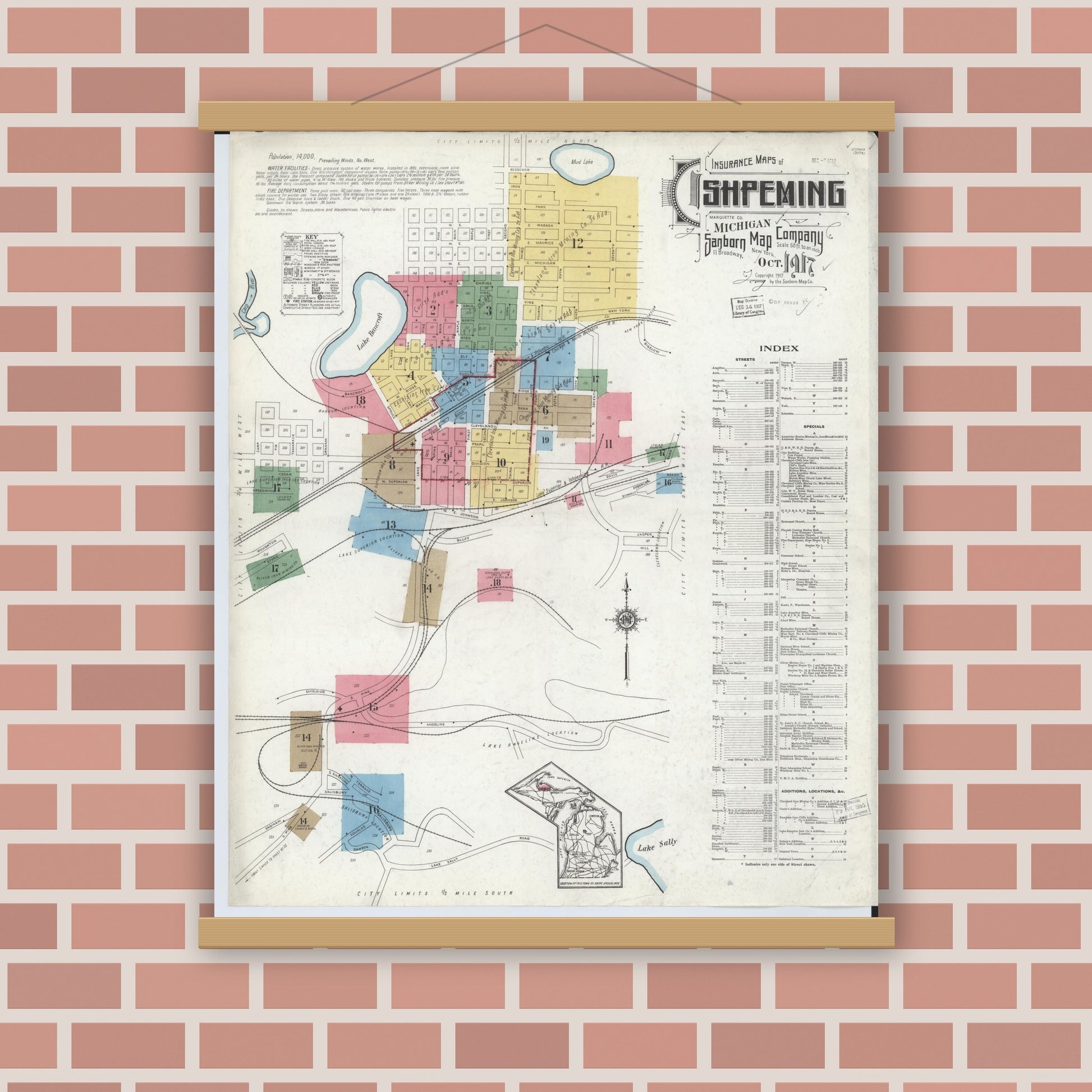 Old map wall art mockup — magnetic wood frame on brick wall — Sanborn Fire Insurance Map from Ishpeming, Marquette County, Michigan (1917) - Complete Map Set