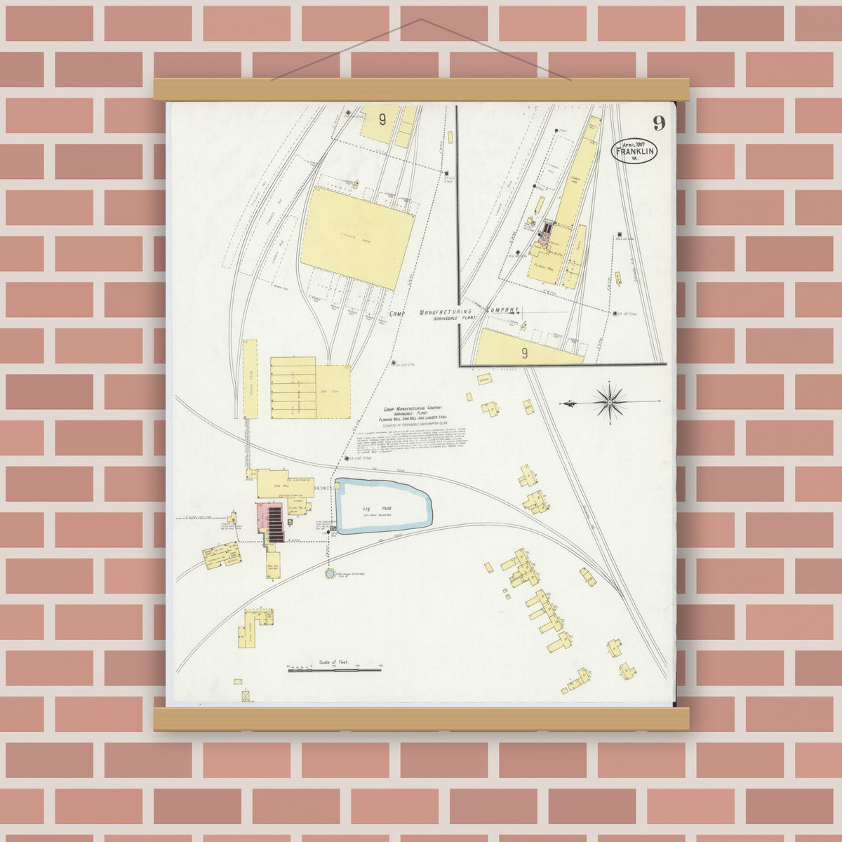 Old map wall art mockup — magnetic wood frame on brick wall — Sanborn Fire Insurance Map from Franklin, Independent Cities, Virginia (1907), Sheet #0009