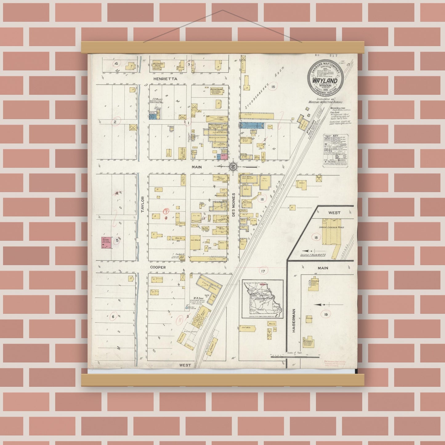 Old map wall art mockup — magnetic wood frame on brick wall — Sanborn Fire Insurance Map from Wayland, Clark County, Missouri (1916), Sheet #0001