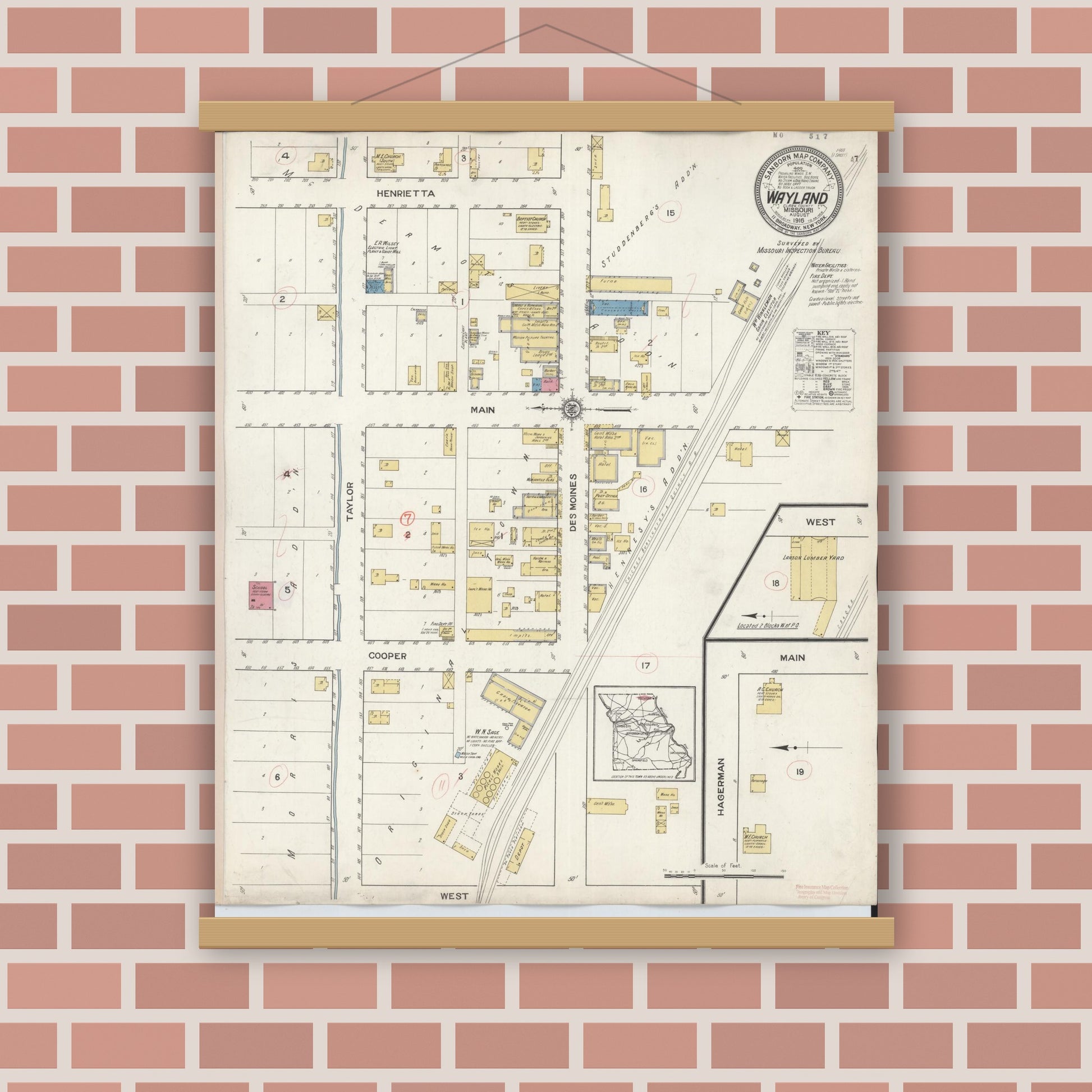 Old map wall art mockup — magnetic wood frame on brick wall — Sanborn Fire Insurance Map from Wayland, Clark County, Missouri (1916), Sheet #0001