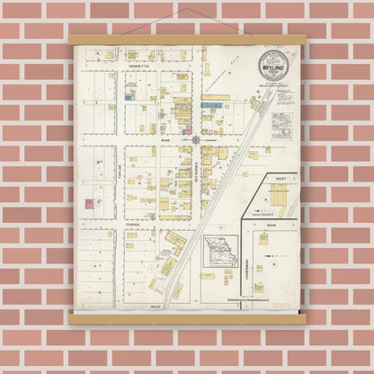 Old map wall art mockup — magnetic wood frame on brick wall — Sanborn Fire Insurance Map from Wayland, Clark County, Missouri (1916), Sheet #0001
