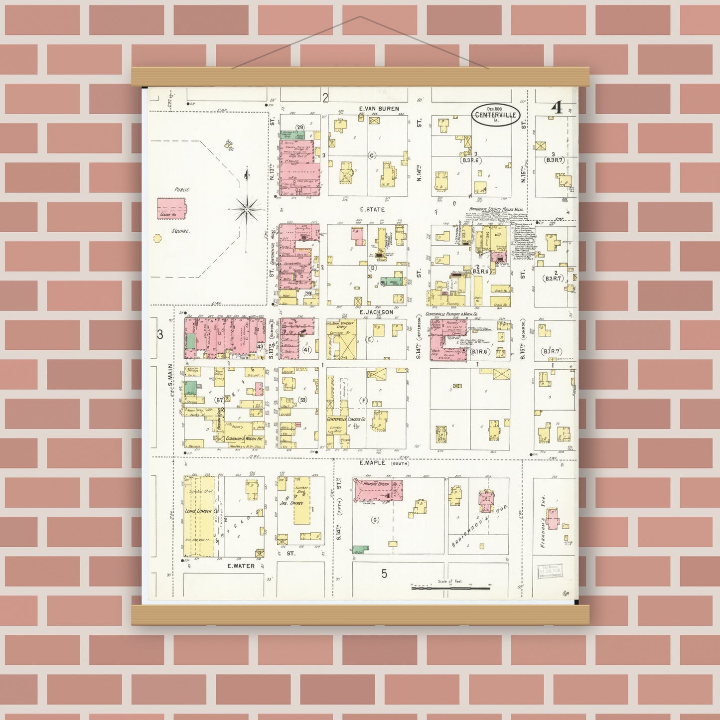 Old map wall art mockup — magnetic wood frame on brick wall — Sanborn Fire Insurance Map from Centerville, Appanoose County, Iowa (1898), Sheet #0004