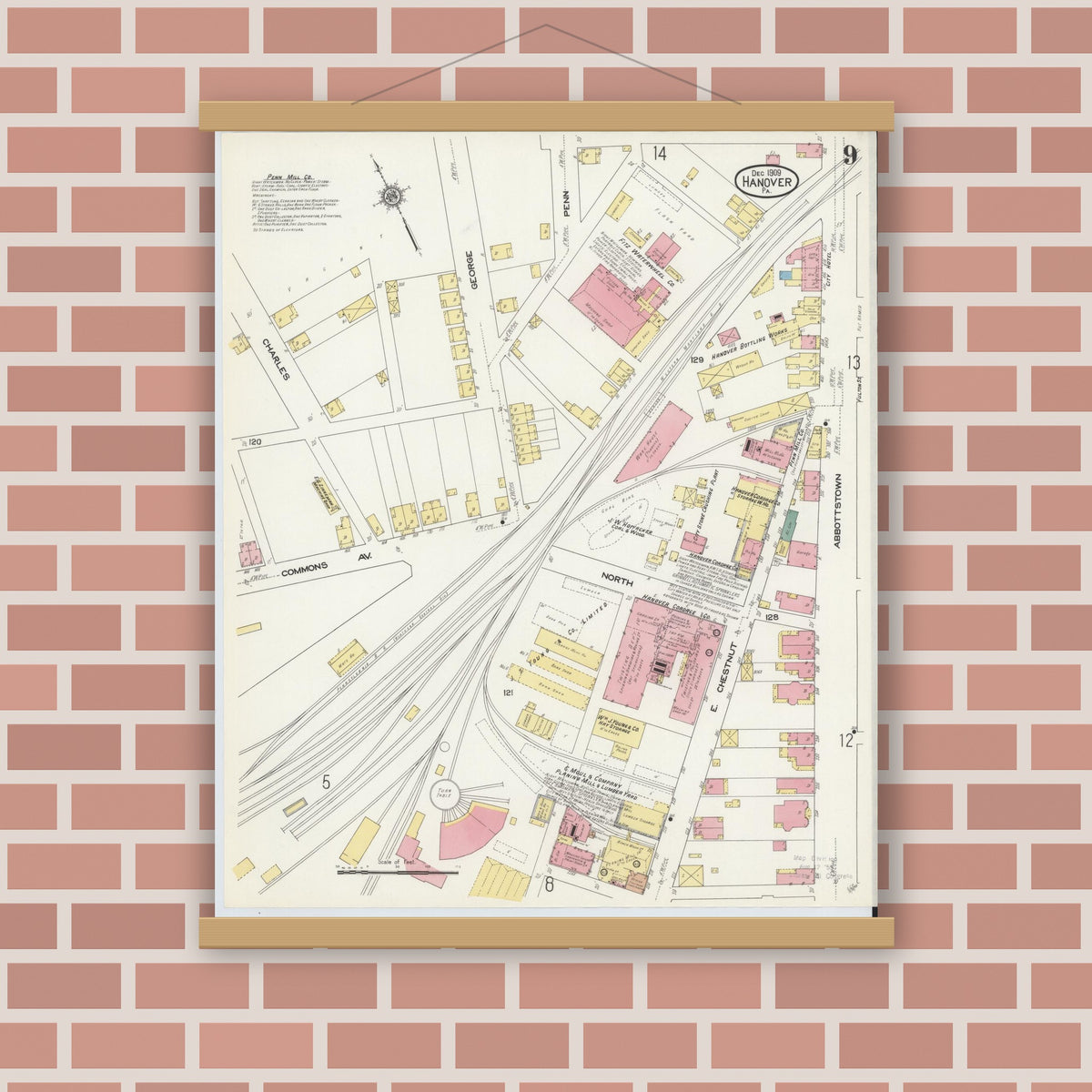 Old map wall art mockup — magnetic wood frame on brick wall — Sanborn Fire Insurance Map from Hanover, York County, Pennsylvania (1909), Sheet #0009
