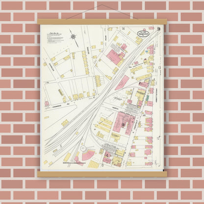 Old map wall art mockup — magnetic wood frame on brick wall — Sanborn Fire Insurance Map from Hanover, York County, Pennsylvania (1909), Sheet #0009