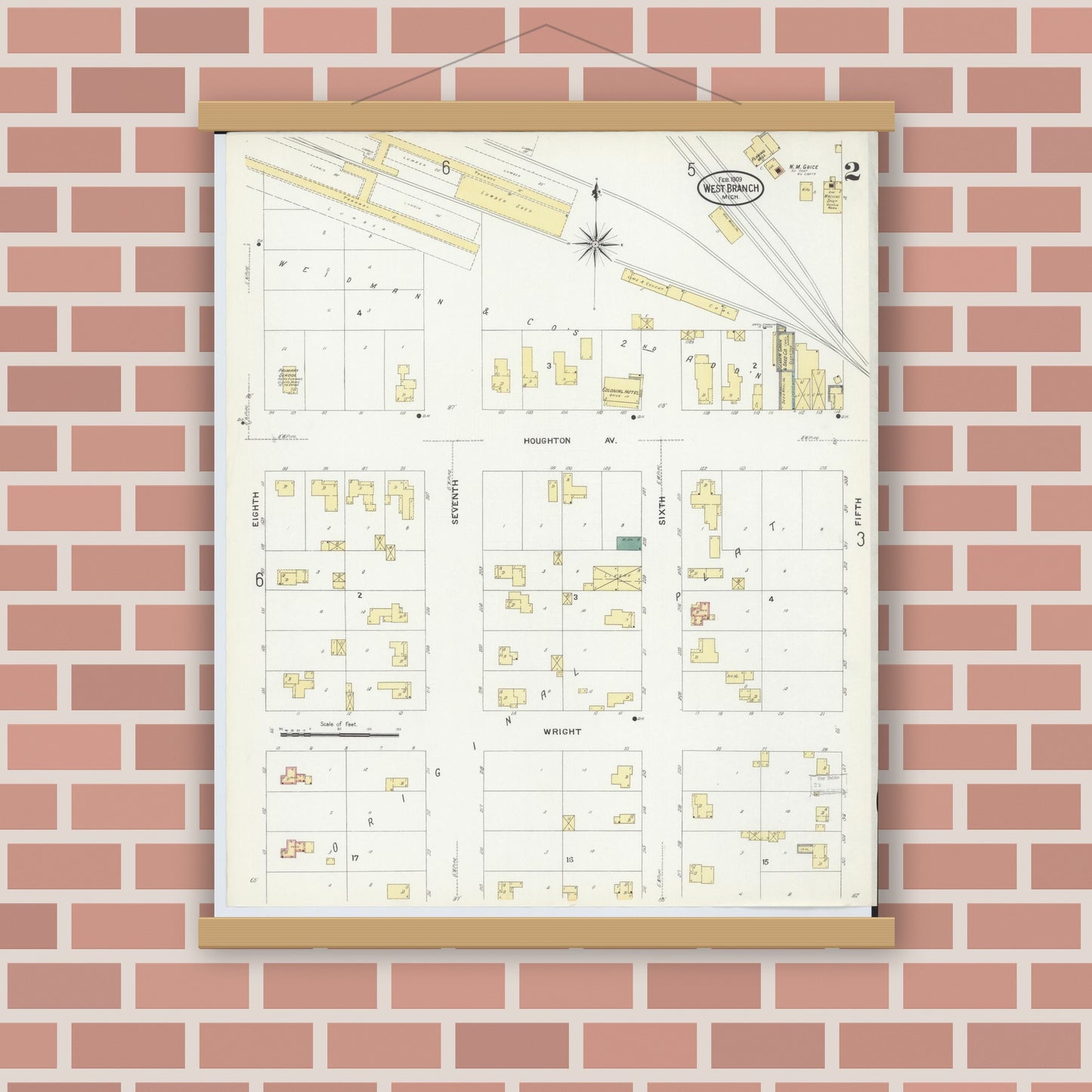 Old map wall art mockup — magnetic wood frame on brick wall — Sanborn Fire Insurance Map from West Branch, Ogemaw County, Michigan (1909), Sheet #0002