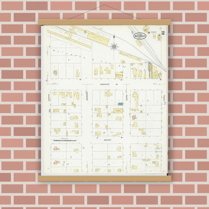 Old map wall art mockup — magnetic wood frame on brick wall — Sanborn Fire Insurance Map from West Branch, Ogemaw County, Michigan (1909), Sheet #0002