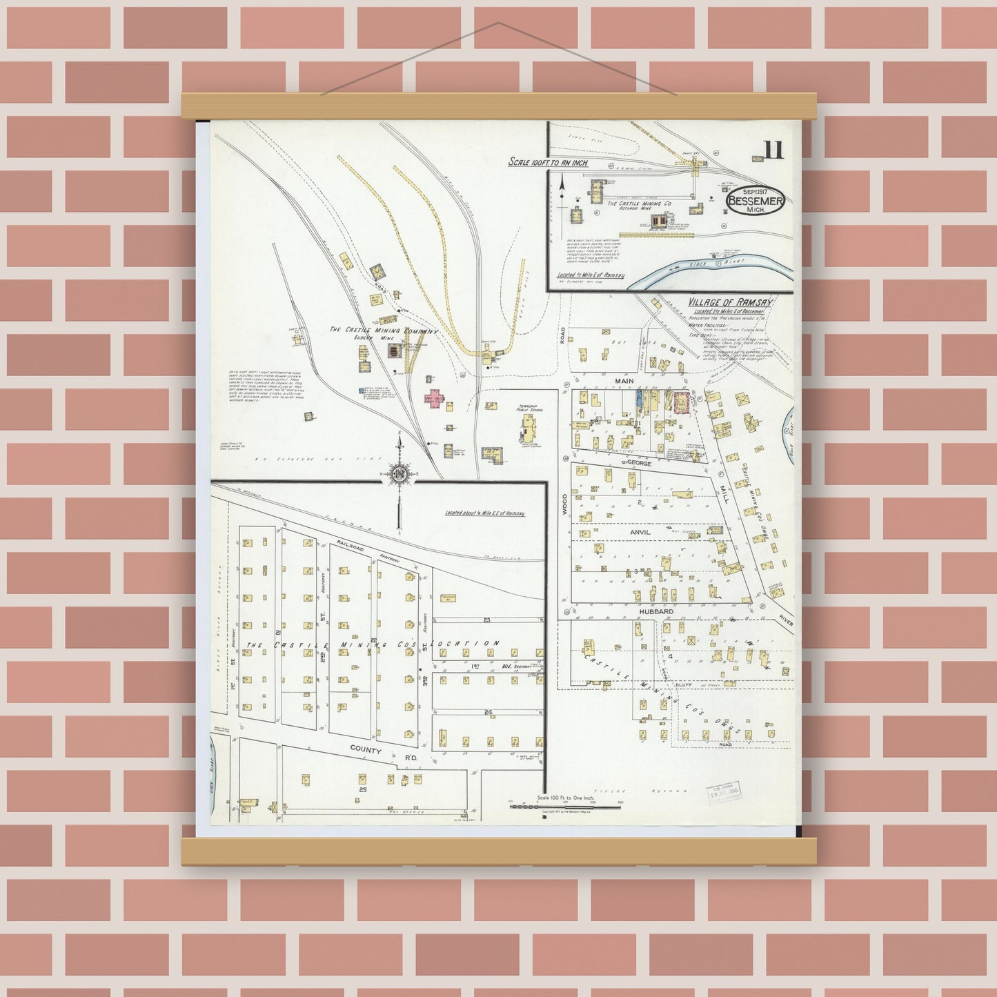 Old map wall art mockup — magnetic wood frame on brick wall — Sanborn Fire Insurance Map from Bessemer, Gogebic County, Michigan (1917), Sheet #0011
