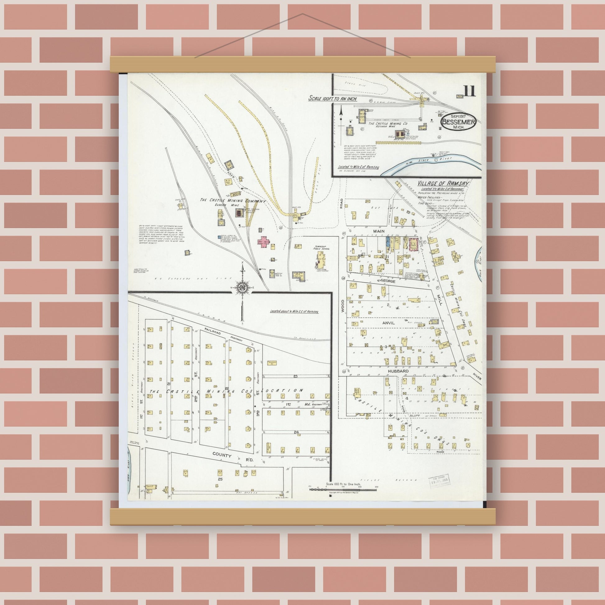 Old map wall art mockup — magnetic wood frame on brick wall — Sanborn Fire Insurance Map from Bessemer, Gogebic County, Michigan (1917), Sheet #0011