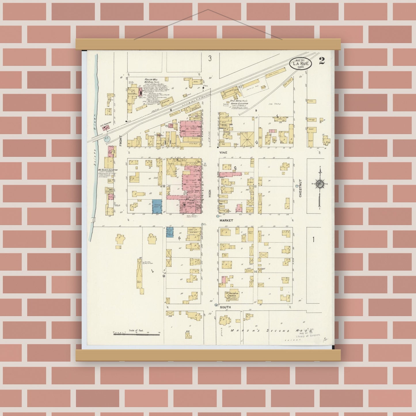 Old map wall art mockup — magnetic wood frame on brick wall — Sanborn Fire Insurance Map from La Rue, Marion County, Ohio (1911), Sheet #0002