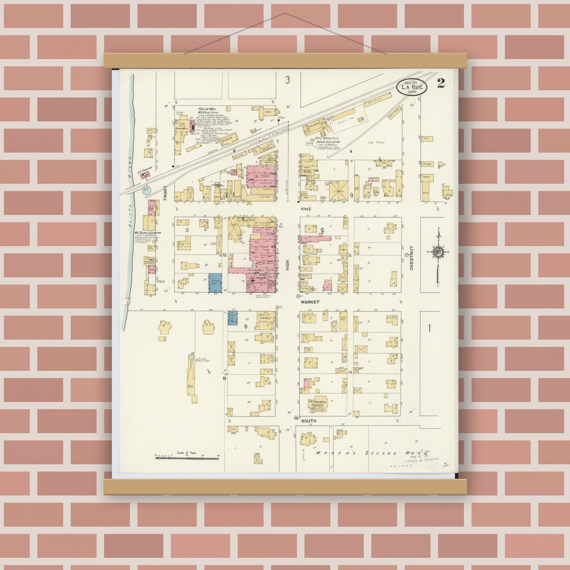 Old map wall art mockup — magnetic wood frame on brick wall — Sanborn Fire Insurance Map from La Rue, Marion County, Ohio (1911), Sheet #0002