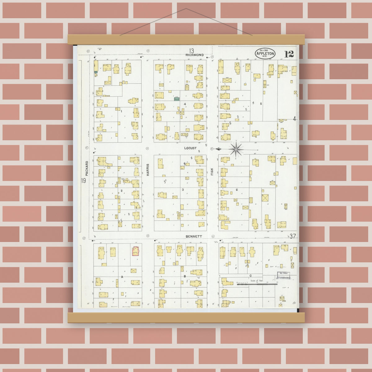 Old map wall art mockup — magnetic wood frame on brick wall — Sanborn Fire Insurance Map from Appleton, Outagamie County, Wisconsin (1901), Sheet #0012