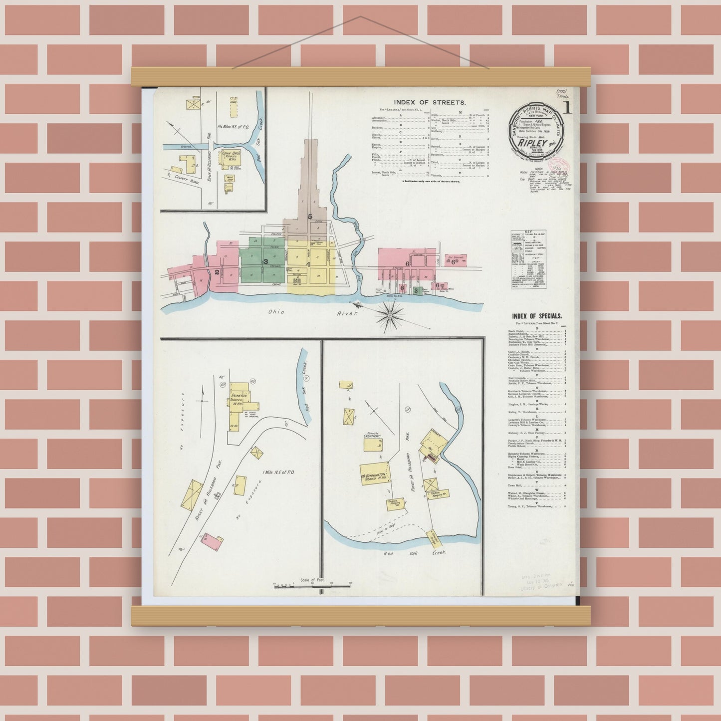 Old map wall art mockup — magnetic wood frame on brick wall — Sanborn Fire Insurance Map from Ripley, Brown County, Ohio (1895) - Complete Map Set