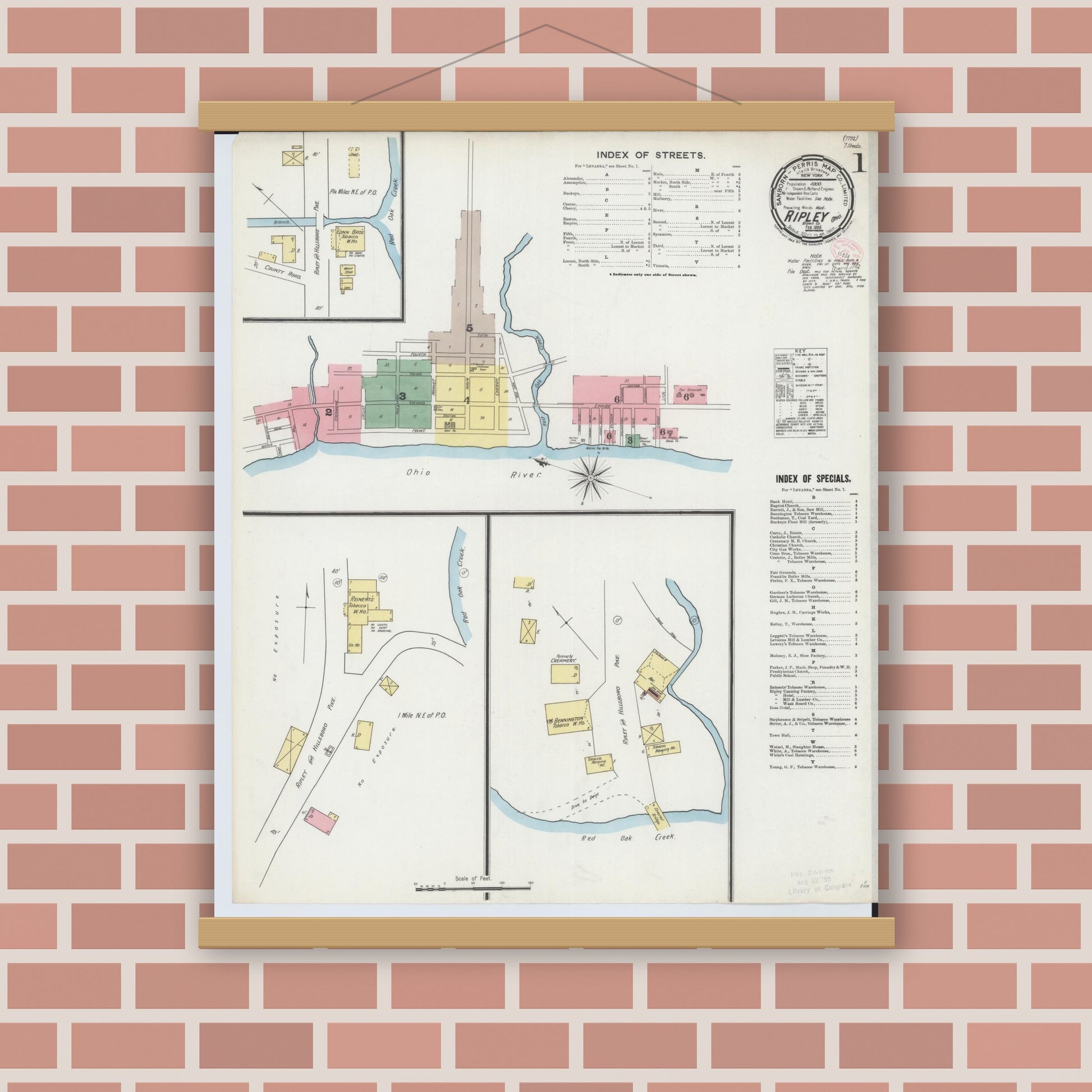Old map wall art mockup — magnetic wood frame on brick wall — Sanborn Fire Insurance Map from Ripley, Brown County, Ohio (1895) - Complete Map Set