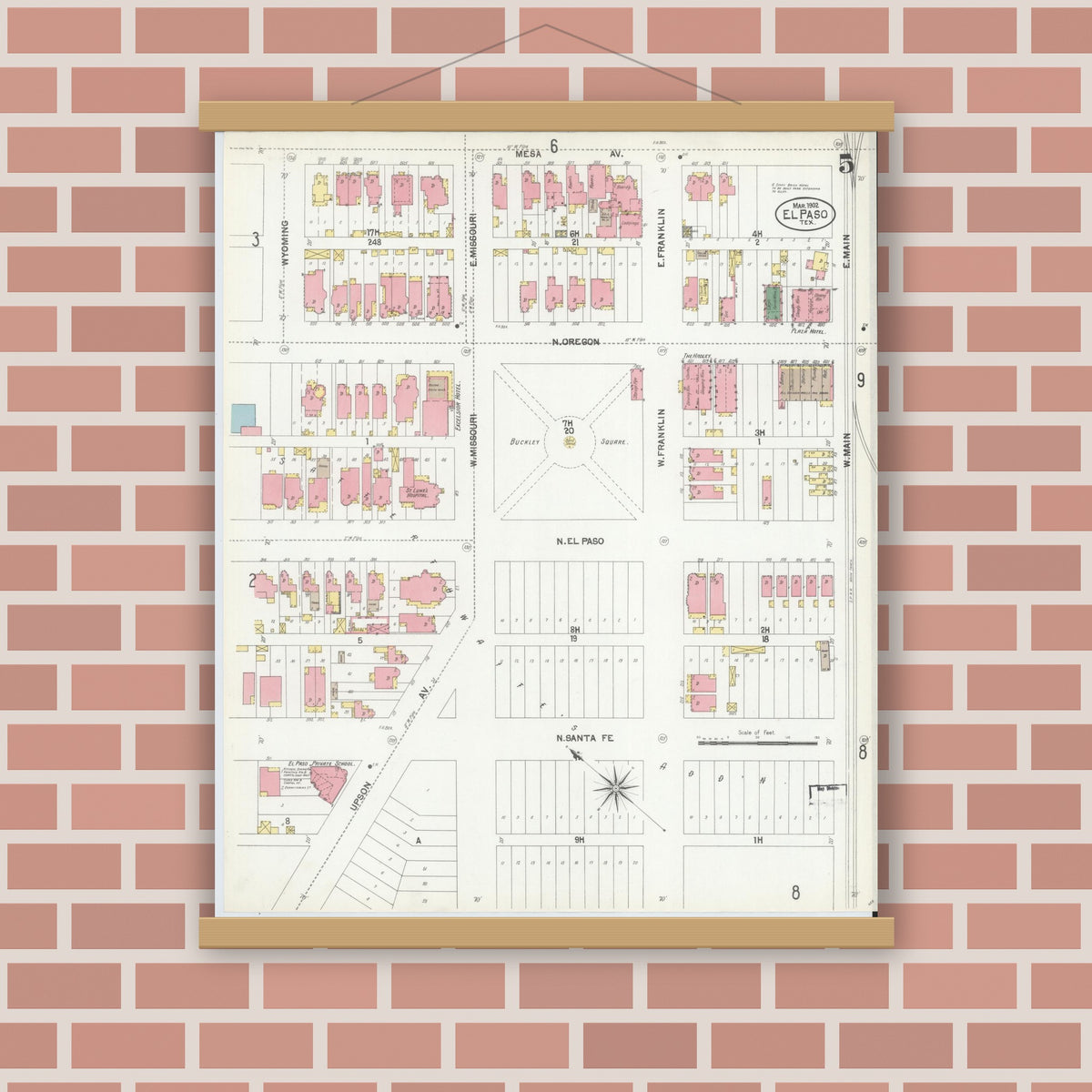 Old map wall art mockup — magnetic wood frame on brick wall — Sanborn Fire Insurance Map from El Paso, El Paso County, Texas (1902), Sheet #0005