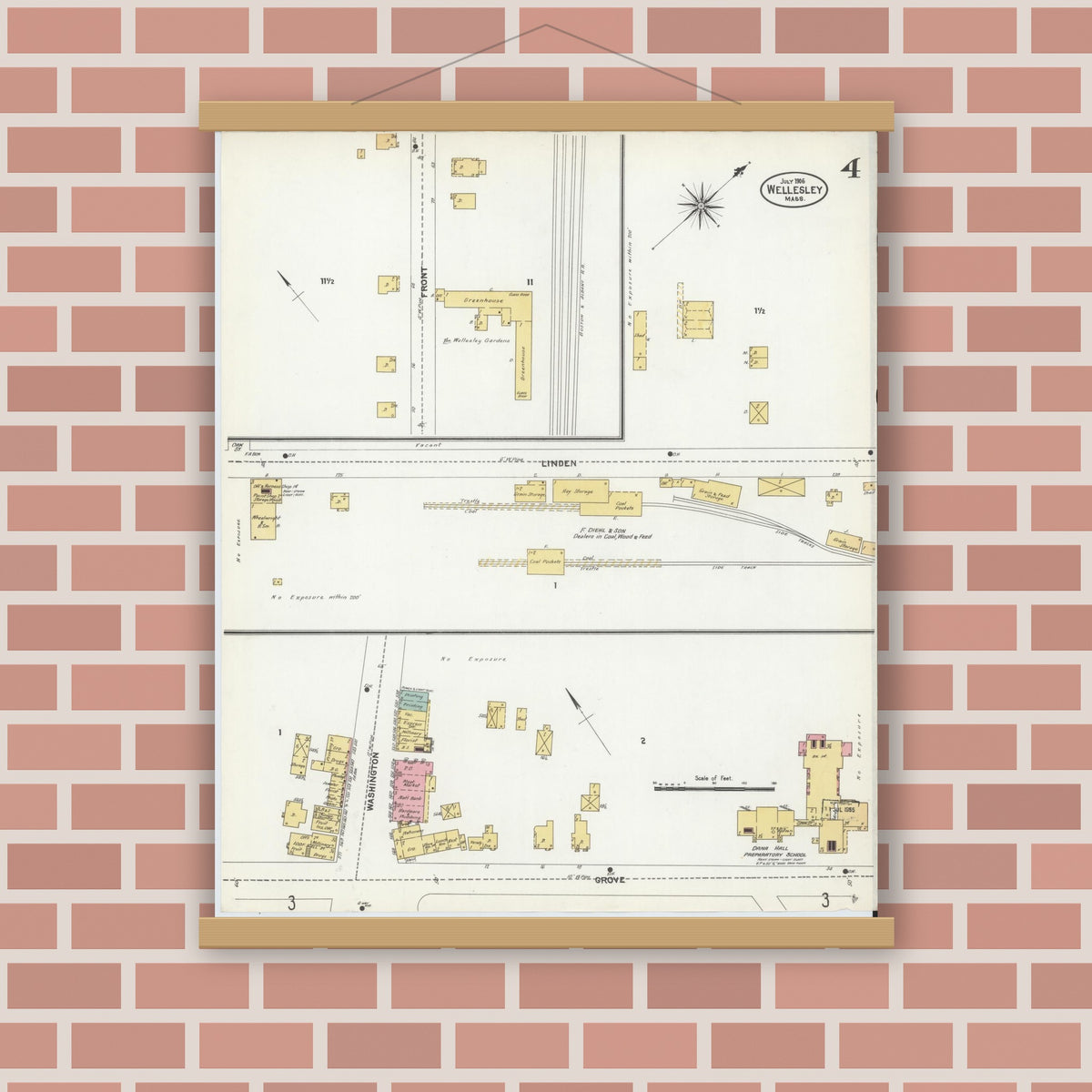 Old map wall art mockup — magnetic wood frame on brick wall — Sanborn Fire Insurance Map from Wellesley, Norfolk County, Massachusetts (1906), Sheet #0004
